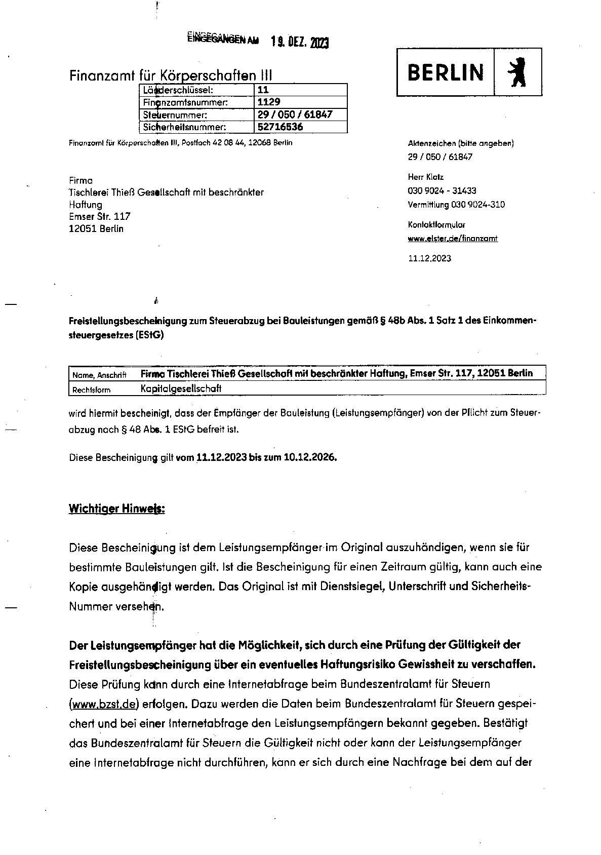 Vorschaubild von Dokument: Freistellungsbescheinigung