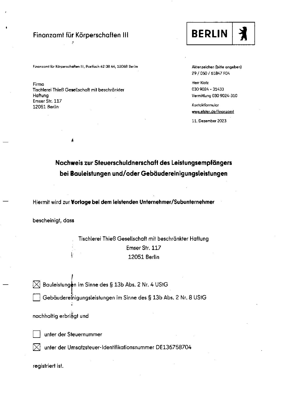 Vorschaubild von Dokument: Nachweis der Steuerschuldnerschaft bezgl. Bauleistungen