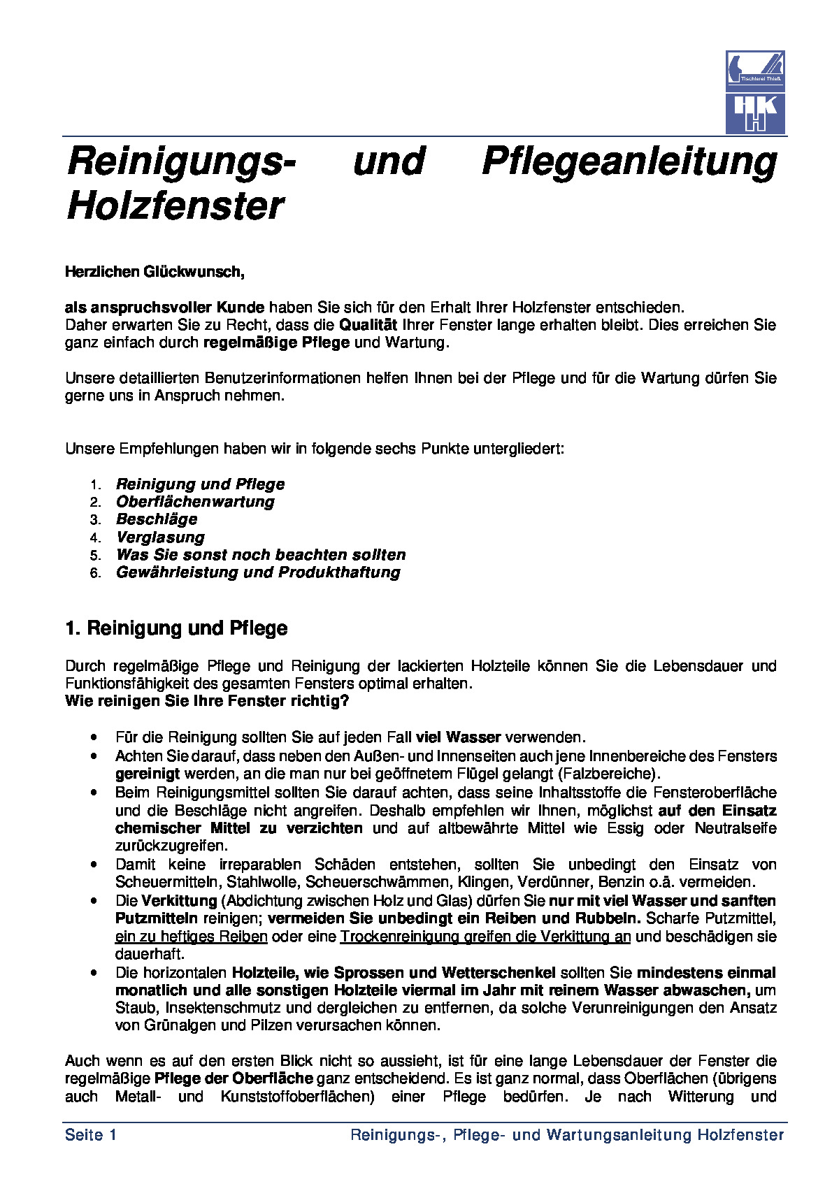 Vorschaubild von Dokument: Pflege- und Wartungsanleitung Holz/Glas/Lack